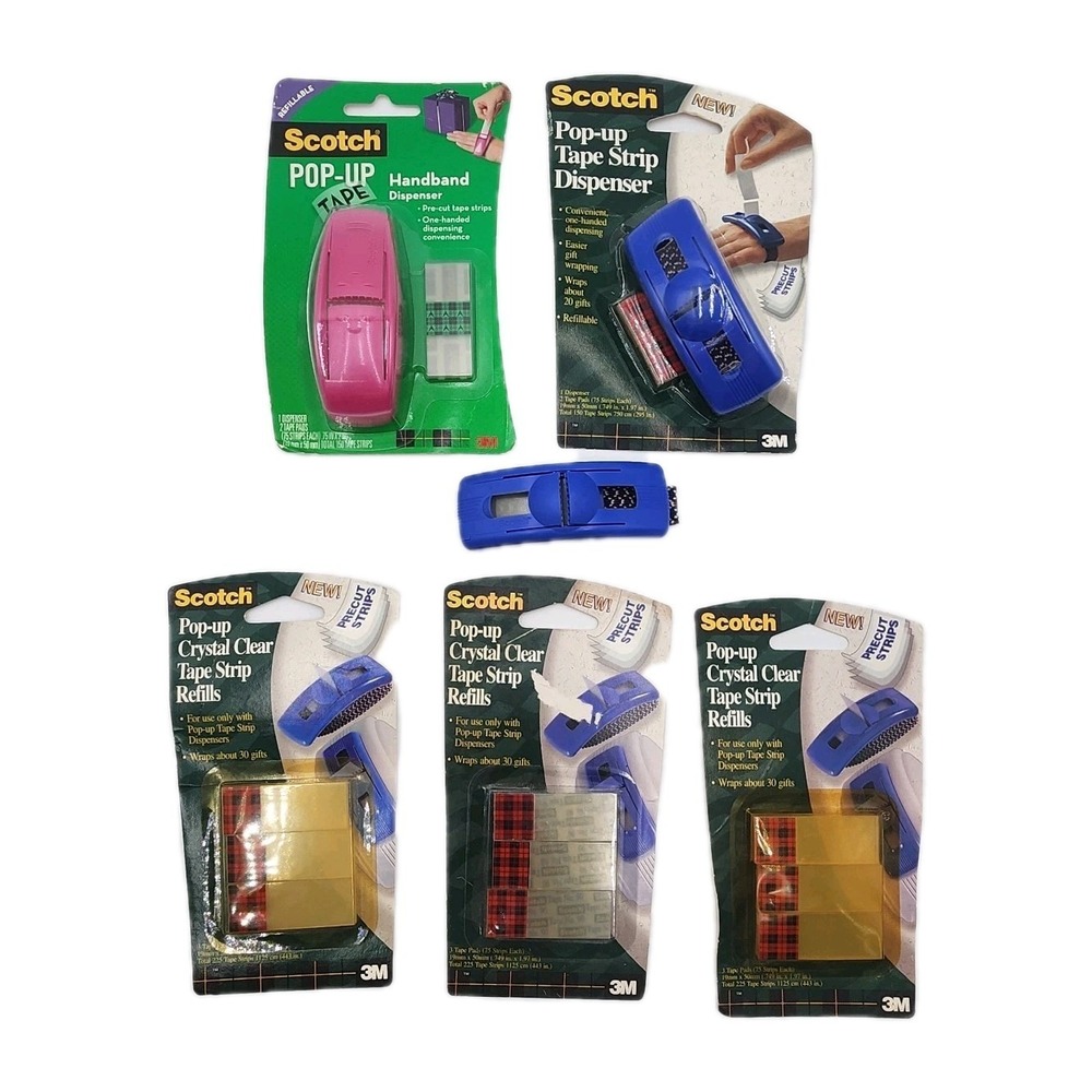 Vintage 1997 Scotch Pop Up Tape Strip Dispensers & Tape Strip Refills‎ 6 PCS New